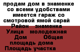 продам дом в знаменке со всеми удобствами,имеется гараж со смотровой ямой,сарай › Район ­ знаменка › Улица ­ молодежная › Дом ­ 12 › Общая площадь дома ­ 83 › Площадь участка ­ 100 › Цена ­ 1 500 000 - Тамбовская обл. Недвижимость » Дома, коттеджи, дачи продажа   